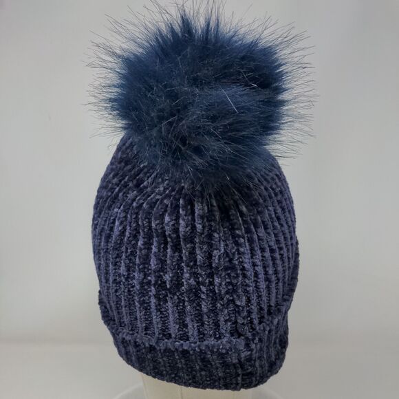LOFT Beanie Hat Blue One Size Stretch Ribbed Knit Pom Pom Fleece Blank - Picture 5 of 9